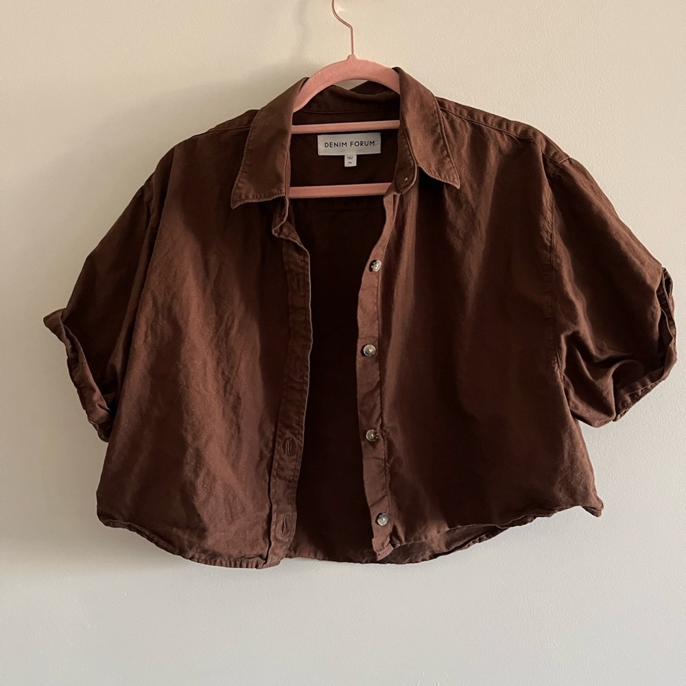 Denim Forum Chocolate Cropped Brown Button-Up Shirt